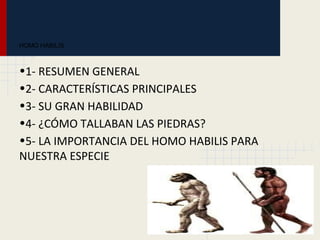 HOMO HABILIS
•1- RESUMEN GENERAL
•2- CARACTERÍSTICAS PRINCIPALES
•3- SU GRAN HABILIDAD
•4- ¿CÓMO TALLABAN LAS PIEDRAS?
•5- LA IMPORTANCIA DEL HOMO HABILIS PARA
NUESTRA ESPECIE
 