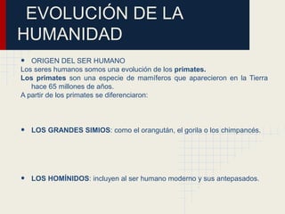 EVOLUCIÓN DE LA
HUMANIDAD
• ORIGEN DEL SER HUMANO
Los seres humanos somos una evolución de los primates.
Los primates son una especie de mamíferos que aparecieron en la Tierra
hace 65 millones de años.
A partir de los primates se diferenciaron:
• LOS GRANDES SIMIOS: como el orangután, el gorila o los chimpancés.
• LOS HOMÍNIDOS: incluyen al ser humano moderno y sus antepasados.
 