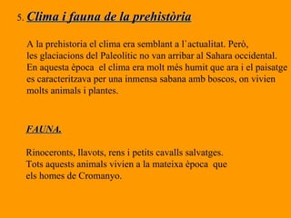 5.  Clima i fauna de la prehistòria A la prehistoria el clima era semblant a l`actualitat. Però,  les glaciacions del Paleolític no van arribar al Sahara occidental.  En aquesta època  el clima era molt més humit que ara i el paisatge  es caracteritzava per una inmensa sabana amb boscos, on vivien  molts animals i plantes. FAUNA. Rinoceronts, llavots, rens i petits cavalls salvatges. Tots aquests animals vivien a la mateixa època  que els homes de Cromanyo. 
