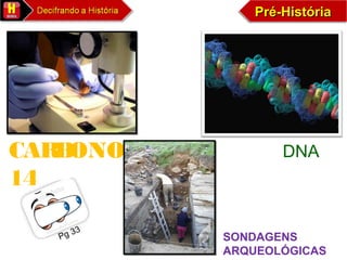 Pré-HistóriaPré-HistóriaPré-HistóriaPré-História
CARBONO
14
DNA
SONDAGENS
ARQUEOLÓGICAS
Pg 33
 