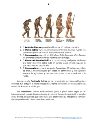 6
 
 
1. El ​Australopithecus​ apareció en África hace 5 millones de años.  
2. El ​Homo habilis vivió en África hace 2 millones de años. Fueron los                       
primeros capaces de realizar instrumentos con piedras. 
3. El ​Homo erectus apareció en África hace 1,8 millones de años. Fueron                     
los primeros en salir de África y controlaron el fuego. 
4. El ​Hombre de Neanderthal fue un hombre muy inteligente, dedicado               
a la caza y que vivió sobre todo en Europa y Asia en una etapa en la                                 
que hacía mucho, mucho frío. 
5. El ​Homo sapiens es nuestra especie. Apareció en África hace un millón                     
de años. Se ha desplazado por todos los continentes y fue capaz de                         
inventar la agricultura y muchas otras cosas como la cerámica o la                       
rueda. 
 
Además, en la ​Península Ibérica se han encontrado los restos del hombre                       
europeo más antiguo: el ​Homo antecessor​. El Homo antecessor fue localizado en las                         
cuevas de Atapuerca, en Burgos. 
 
Los ​homínidos fueron evolucionando poco a poco hasta llegar al ser                     
humano actual. Uno de los cambios que les ocurrió fue que les aumentó el tamaño                             
de su cráneo, lo que hizo que aumentase y se desarrollara su inteligencia. También                           
disminuyó el tamaño de su mandíbula y dientes.  
Actividades de Prehistoria para alumnos de apoyo, realizados por Cristina Sevilla: ​http://asl-diver.blogspot.com.es/
 