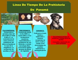 l
1.
1.
1.
Línea De Tiempo De La Prehistoria
De Panamá
PALEOINDÍGENA:
Comprende el
periodo antes del
año 9 500 a.C hasta
8 000 a.C. La
subsistencia de
estos primeros
pobladores del
istmo se basaba en
la caza de la
megafauna, La
recolección de
semillas y frutas
se cree que de la
pesca.
PRECERÁMICO:
Comprende desde
el año 8000 a.c
hasta 3300 a.c eran
recolectores,
cazadores,
especializados y
portadores de una
eficiente y variada
tecnología lítica.
Conocieron tejidos
gruesos de fibras
de vegetales
CERÁMICO:
Cultivaron el maíz,
frijoles y
tubérculos e
hicieron
recipientes de
barro crudo y
cosido. Eran
diversidades de
pueblos
sedentarios y
semisedentarios
cucultivadores
Descubrimiento del istmo de
panamá por: Rodrigo Galván de
Bastidas
Cconquista y colonización del
Istmo de Panama