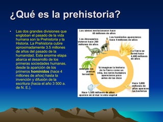 ¿Qué es la prehistoria?   Las dos grandes divisiones que engloban el pasado de la vida humana son la Prehistoria y la Historia. La Prehistoria cubre aproximadamente 3.5 millones de años del pasado de la humanidad. Esta enorme etapa abarca el desarrollo de los primeras sociedades humanas, desde la aparición de los primeros  homínidos  (hace 4 millones de años) hasta la invención y difusión de la escritura (hacia el año 3 500 a. de N. E.).   