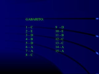 GABARITO:
1 – C 9 - D
2 – E 10 - E
3 – D 11 - B
4 – B 12 - C
5 – D 13 - C
6 – A 14 - A
7 – A 15 - A
8 – C
 