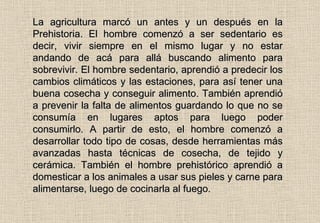La agricultura marcó un antes y un después en la Prehistoria. El hombre comenzó a ser sedentario es decir, vivir siempre en el mismo lugar y no estar andando de acá para allá buscando alimento para sobrevivir. El hombre sedentario, aprendió a predecir los cambios climáticos y las estaciones, para así tener una buena cosecha y conseguir alimento. También aprendió a prevenir la falta de alimentos guardando lo que no se consumía en lugares aptos para luego poder consumirlo. A partir de esto, el hombre comenzó a desarrollar todo tipo de cosas, desde herramientas más avanzadas hasta técnicas de cosecha, de tejido y cerámica. También el hombre prehistórico aprendió a domesticar a los animales a usar sus pieles y carne para alimentarse, luego de cocinarla al fuego. 