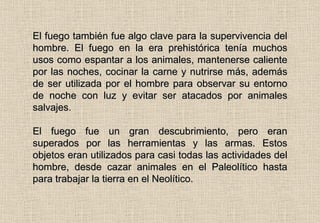 El fuego también fue algo clave para la supervivencia del hombre. El fuego en la era prehistórica tenía muchos usos como espantar a los animales, mantenerse caliente por las noches, cocinar la carne y nutrirse más, además de ser utilizada por el hombre para observar su entorno de noche con luz y evitar ser atacados por animales salvajes. El fuego fue un gran descubrimiento, pero eran superados por las herramientas y las armas. Estos objetos eran utilizados para casi todas las actividades del hombre, desde cazar animales en el Paleolítico hasta para trabajar la tierra en el Neolítico. 