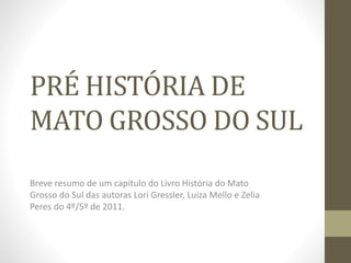 PRÉ HISTÓRIA DE
MATO GROSSO DO SUL
Breve resumo de um capítulo do Livro História do Mato
Grosso do Sul das autoras Lori Gressler, Luiza Mello e Zelia
Peres do 4º/5º de 2011.
 