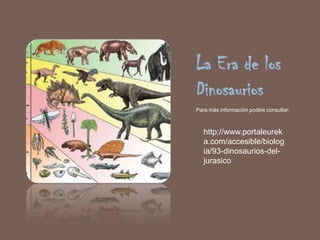 La Era de los
Dinosaurios
Para más información podéis consultar:



   http://www.portaleurek
   a.com/accesible/biolog
   ia/93-dinosaurios-del-
   jurasico
 