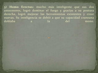 3) Homo Erectus: mucho más inteligente que sus dos
antecesores, logró dominar el fuego y gracias a su postura
derecha, logró mejorar las herramientas existentes y crear
nuevas. Su inteligencia se debió a que su capacidad craneana
doblaba a la del mono.
 