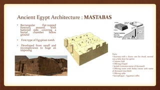 Ancient Egypt Architecture : MASTABAS
• Rectangular flat-topped
funerary mound, with
battered side, covering a
burial chamber below
ground
• First type of Egyptian tomb
• Developed from small and
inconspicuous to huge an
imposing
Parts:
• Stairway with 2 doors: one for ritual, second
was a false door for spirits
• Column Hall
• Offering Chapel
• Serdab (contains statue of deceased)
• Offering room with Stelae (stone with name
of deceased inscribed)
• Offering table
• Sarcophagus – Egyptian coffin
 