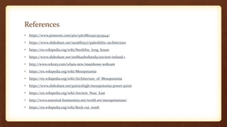 References
• https://www.pinterest.com/pin/516788125973513944/
• https://www.slideshare.net/surabhi527/paleolithic-architecture
• https://en.wikipedia.org/wiki/Neolithic_long_house
• https://www.slideshare.net/siobhanholland9/ancient-ireland-1
• http://www.orkney.com/whats-new/maeshowe-webcam
• https://en.wikipedia.org/wiki/Mesopotamia
• https://en.wikipedia.org/wiki/Architecture_of_Mesopotamia
• https://www.slideshare.net/patricehigh/mesopotamia-power-point
• https://en.wikipedia.org/wiki/Ancient_Near_East
• http://www.essential-humanities.net/world-art/mesopotamian/
• https://en.wikipedia.org/wiki/Rock-cut_tomb
 