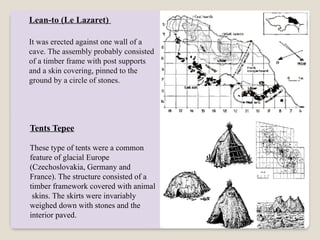 Lean-to (Le Lazaret)
It was erected against one wall of a
cave. The assembly probably consisted
of a timber frame with post supports
and a skin covering, pinned to the
ground by a circle of stones.
Tents Tepee
These type of tents were a common
feature of glacial Europe
(Czechoslovakia, Germany and
France). The structure consisted of a
timber framework covered with animal
skins. The skirts were invariably
weighed down with stones and the
interior paved.
 
