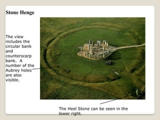 Stone Henge
The Heel Stone can be seen in the
lower right.
The view
includes the
circular bank
and
counterscarp
bank. A
number of the
Aubrey holes
are also
visible.
 