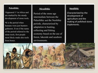 Paleolithic
•Appeared 1st
in Africa and
are marked by the steady
development of stone tools.
•It is the period when
humans were just hunters-
gatherers. Even if the name
of the period referred to the
stone tools, first people
most likely made also tools
from bones.
Mesolithic
Period of the stone age
intermediate between the
Paleolithic and the Neolithic
periods, characterized by
adaptation to hunting,
collecting and fishing
economy based on the use of
forest, lakeside and seashore
environments.
Neolithic
Characterized by the
development of
agriculture and the
making of polished stone
implements.
 
