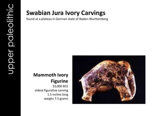 upper paleolithic   Swabian Jura Ivory Carvings
                    found at a plateau in German state of Baden-Wurttemberg




                        Mammoth Ivory
                             Figurine
                                       33,000 BCE
                         oldest figurative carving
                                   1.5 inches long
                                weighs 7.5 grams
 