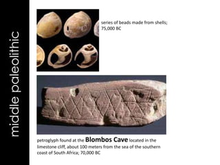 series of beads made from shells;
                                                     75,000 BC
middle paleolithic




                     petroglyph found at the Blombos Cave located in the
                     limestone cliff, about 100 meters from the sea of the southern
                     coast of South Africa; 70,000 BC
 