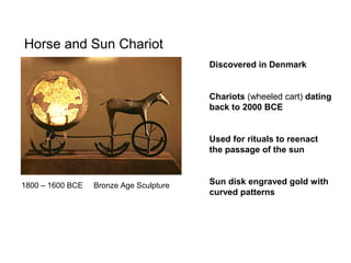 Horse and Sun Chariot
Discovered in Denmark

Chariots (wheeled cart) dating
back to 2000 BCE

Used for rituals to reenact
the passage of the sun

1800 – 1600 BCE

Bronze Age Sculpture

Sun disk engraved gold with
curved patterns

 