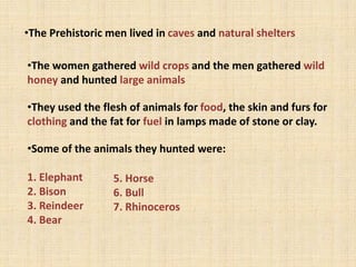 •The Prehistoric men lived in caves and natural shelters
•The women gathered wild crops and the men gathered wild
honey and hunted large animals
•They used the flesh of animals for food, the skin and furs for
clothing and the fat for fuel in lamps made of stone or clay.
•Some of the animals they hunted were:
1. Elephant
2. Bison
3. Reindeer
4. Bear
5. Horse
6. Bull
7. Rhinoceros
 