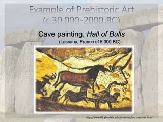 Cave painting, Hall of Bulls
(Lascaux, France c15,000 BC)
http://www-01.glendale.edu/ceramics/lascauxcaves.html
 