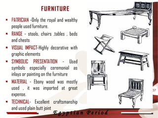 FUR NIT UR E
• PATRICIAN -Only the royal and wealthy
  people used furniture.
• RANGE - stools, chairs ,tables , beds
  and chests
• VISUAL IMPACT-Highly decorative with
  graphic elements
• SYMBOLIC PRESENTATION - Used
  symbols especially ceremonial as
  inlays or painting on the furniture
• MATERIAL - Ebony wood was mostly
  used , it was imported at great          37
  expense.
• TECHNICAL- Excellent craftsmanship
  and used plain butt joint
                         Egyptian Period
 