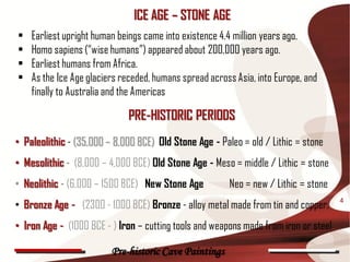 ICE AGE – STONE AGE
•   Earliest upright human beings came into existence 4.4 million years ago.
•   Homo sapiens (“wise humans”) appeared about 200,000 years ago.
•   Earliest humans from Africa.
•   As the Ice Age glaciers receded, humans spread across Asia, into Europe, and
    finally to Australia and the Americas

                             PRE-HISTORIC PERIODS
• Paleolithic - (35,000 – 8,000 BCE) Old Stone Age - Paleo = old / Lithic = stone
• Mesolithic - (8,000 – 4,000 BCE) Old Stone Age - Meso = middle / Lithic = stone
• Neolithic - (6,000 – 1500 BCE) New Stone Age          Neo = new / Lithic = stone
• Bronze Age - (2300 - 1000 BCE) Bronze - alloy metal made from tin and copper.       4


• Iron Age - (1000 BCE - ) Iron – cutting tools and weapons made from iron or steel

                         Pre-historic Cave Paintings
 