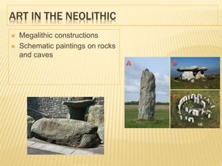 ART IN THE NEOLITHIC
 Megalithic constructions
 Schematic paintings on rocks
and caves
 