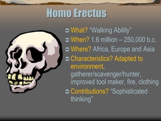 Homo Erectus
 What? “Walking Ability”
 When? 1.6 million – 250,000 b.c.
 Where? Africa, Europe and Asia
 Characteristics? Adapted to
environment,
gatherer/scavenger/hunter,
improved tool maker, fire, clothing
 Contributions? “Sophisticated
thinking”
 