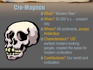 Cro-Magnon
 What? “Modern Man”
 When? 50,000 b.c. – present
day
 Where? All continents, except
Antarctica
 Characteristics? “US”,
earliest modern-looking
people, created the basis for
modern civilization
 Contributions? Our world and
civilization
 