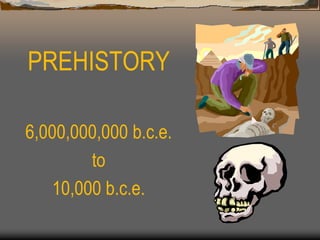 PREHISTORY
6,000,000,000 b.c.e.
to
10,000 b.c.e.
 