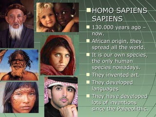 HOMO SAPIENS SAPIENS 130.000 years ago – now.  African origin, they spread all the world. It is our own species, the only human species nowadays. They invented art. They developed languages They have developed lots of inventions since the Palaeolithic. 