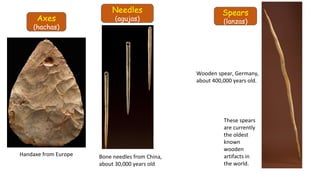Axes
(hachas)
Handaxe from Europe
Needles
(agujas)
Bone needles from China,
about 30,000 years old
Wooden spear, Germany,
about 400,000 years old.
These spears
are currently
the oldest
known
wooden
artifacts in
the world.
Spears
(lanzas)
 
