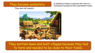 They became sedentary. A sedentary human is a person who lives in a
fixed place because he has a permanent house.
They settled down and built villages because they had
to farm and needed to be close to their fields.
They were not nomadic.
 