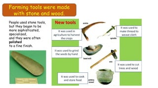 People used stone tools,
but they began to be
more sophisticated,
specialized,
and they were often
polished
to a fine finish.
Farming tools were made
with stone and wood.
 