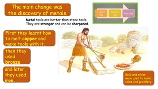 The main change was
the discovery of metals.
then they
used
bronze
and later,
they used
iron.
Metal tools are better than stone tools.
They are stronger and can be sharpened.
Gold and silver
were used to make
coins and jewellery.
First they learnt how
to melt copper and
make tools with it,
 