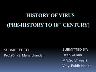HISTORY OFVIRUS
(PRE-HISTORYTO 18th CENTURY)
SUBMITTEDTO:
Prof.(Dr.) S. Maherchandani
SUBMITTED BY:
Deepika Jain
M.V.Sc (1st year)
Vety. Public Health
 