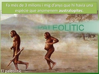 Fa més de 3 milions i mig d’anys que hi havia una
espècie que anomenem australopitec.
Australopitec
vol dir “mona
del sud”...