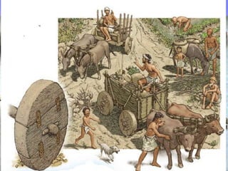 Artesans i comerciants
• La metal·lúrgia era una activitat que necessitava veritables
especialistes. A mesura que les societats es van fer més riques
van sorgir altres oficis: joiers, ferrers, ceramistes, etc. La
producció de mercaderies noves va estimular l’intercanvi, és a
dir, el comerç. Paral·lelament, es desenvoluparen les primeres
tècniques de navegació i es va inventar la roda.
L’Edat dels Metalls
 