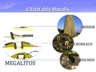Els megàlits
• A Europa, a partir del V mil·lenni a. C. les societats agrícoles
més avançades, van aixecar monuments anomenats megàlits.
• Hi ha diversos tipus de megàlits
• Menhir: Gran pedra clavada a terra. Commemoratius o marques
territorials.
• Dolmen: Cambra formada per dos pedres verticals i lloses de
cobertura. Sepultura funerària col·lectiva.
• Cromlec: Conjunt de pedres verticals amb lloses de cobertura
formant un cercle. Relacionat amb un culte agrari o solar.
L’Edat dels Metalls
 