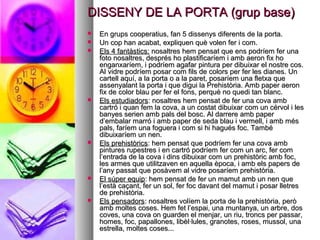 DISSENY DE LA PORTA (grup base)DISSENY DE LA PORTA (grup base)
 En grups cooperatius, fan 5 dissenys diferents de la porta.En grups cooperatius, fan 5 dissenys diferents de la porta.
 Un cop han acabat, expliquen què volen fer i com.Un cop han acabat, expliquen què volen fer i com.
 Els 4 fantàstics:Els 4 fantàstics: nosaltres hem pensat que ens podríem fer unanosaltres hem pensat que ens podríem fer una
foto nosaltres, després ho plastificaríem i amb aeron fix hofoto nosaltres, després ho plastificaríem i amb aeron fix ho
enganxaríem, i podríem agafar pintura per dibuixar el nostre cos.enganxaríem, i podríem agafar pintura per dibuixar el nostre cos.
Al vidre podríem posar com fils de colors per fer les dianes. UnAl vidre podríem posar com fils de colors per fer les dianes. Un
cartell aquí, a la porta o a la paret, posaríem una fletxa quecartell aquí, a la porta o a la paret, posaríem una fletxa que
assenyalant la porta i que digui la Prehistòria. Amb paper aeronassenyalant la porta i que digui la Prehistòria. Amb paper aeron
fix de color blau per fer el fons, perquè no quedi tan blanc.fix de color blau per fer el fons, perquè no quedi tan blanc.
 Els estudiadorsEls estudiadors: nosaltres hem pensat de fer una cova amb: nosaltres hem pensat de fer una cova amb
cartró i quan fem la cova, a un costat dibuixar com un cérvol i lescartró i quan fem la cova, a un costat dibuixar com un cérvol i les
banyes serien amb pals del bosc. Al darrere amb paperbanyes serien amb pals del bosc. Al darrere amb paper
d’embalar marró i amb paper de seda blau i vermell, i amb mésd’embalar marró i amb paper de seda blau i vermell, i amb més
pals, faríem una foguera i com si hi hagués foc. Tambépals, faríem una foguera i com si hi hagués foc. També
dibuixaríem un nen.dibuixaríem un nen.
 Els prehistòricsEls prehistòrics: hem pensat que podríem fer una cova amb: hem pensat que podríem fer una cova amb
pintures rupestres i en cartró podríem fer com un arc, fer compintures rupestres i en cartró podríem fer com un arc, fer com
l’entrada de la cova i dins dibuixar com un prehistòric amb foc,l’entrada de la cova i dins dibuixar com un prehistòric amb foc,
les armes que utilitzaven en aquella època, i amb els papers deles armes que utilitzaven en aquella època, i amb els papers de
l’any passat que posàvem al vidre posaríem prehistòria.l’any passat que posàvem al vidre posaríem prehistòria.
 El súper equipEl súper equip: hem pensat de fer un mamut amb un nen que: hem pensat de fer un mamut amb un nen que
l’està caçant, fer un sol, fer foc davant del mamut i posar lletresl’està caçant, fer un sol, fer foc davant del mamut i posar lletres
de prehistòria.de prehistòria.
 Els pensadorsEls pensadors: nosaltres volíem la porta de la prehistòria, però: nosaltres volíem la porta de la prehistòria, però
amb moltes coses. Hem fet l’espai, una muntanya, un arbre, dosamb moltes coses. Hem fet l’espai, una muntanya, un arbre, dos
coves, una cova on guarden el menjar, un riu, troncs per passar,coves, una cova on guarden el menjar, un riu, troncs per passar,
homes, foc, papallones, libèl·lules, granotes, roses, mussol, unahomes, foc, papallones, libèl·lules, granotes, roses, mussol, una
estrella, moltes coses...estrella, moltes coses...
 
