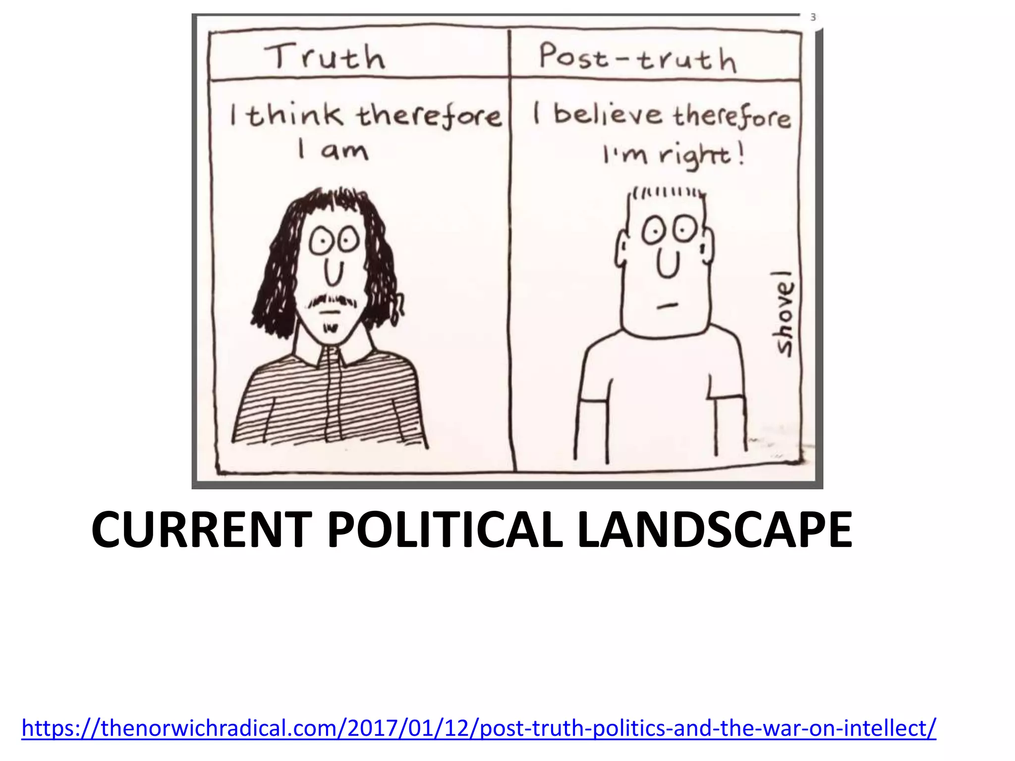CURRENT POLITICAL LANDSCAPE
https://thenorwichradical.com/2017/01/12/post-truth-politics-and-the-war-on-intellect/
 