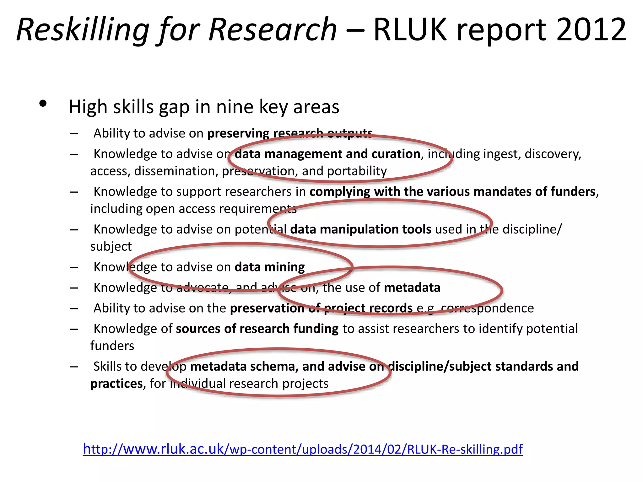 • High skills gap in nine key areas
– Ability to advise on preserving research outputs
– Knowledge to advise on data management and curation, including ingest, discovery,
access, dissemination, preservation, and portability
– Knowledge to support researchers in complying with the various mandates of funders,
including open access requirements
– Knowledge to advise on potential data manipulation tools used in the discipline/
subject
– Knowledge to advise on data mining
– Knowledge to advocate, and advise on, the use of metadata
– Ability to advise on the preservation of project records e.g. correspondence
– Knowledge of sources of research funding to assist researchers to identify potential
funders
– Skills to develop metadata schema, and advise on discipline/subject standards and
practices, for individual research projects
Reskilling for Research – RLUK report 2012
http://www.rluk.ac.uk/wp-content/uploads/2014/02/RLUK-Re-skilling.pdf
 