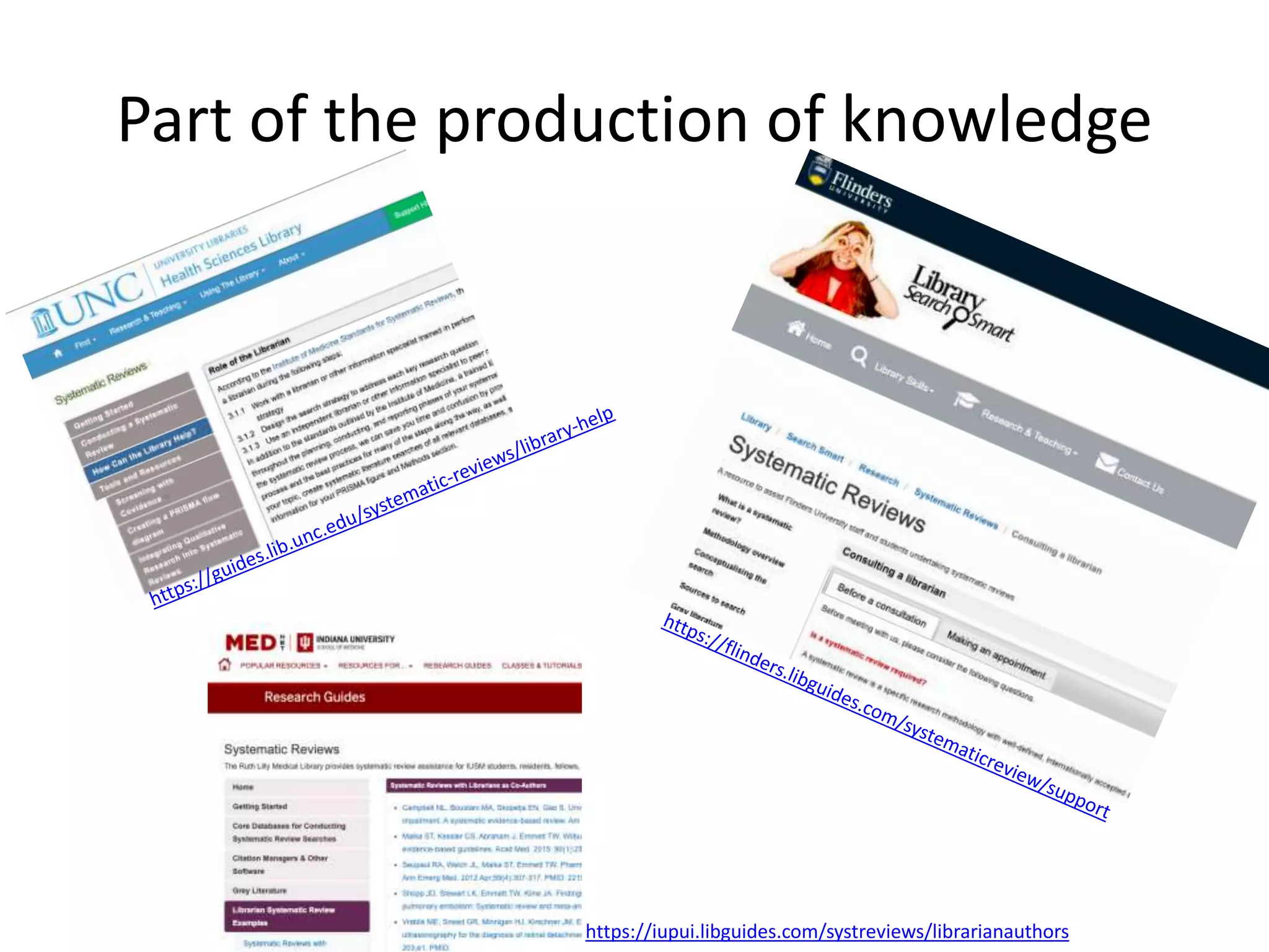 Part of the production of knowledge
https://iupui.libguides.com/systreviews/librarianauthors
 