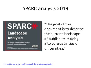 SPARC analysis 2019
“The goal of this
document is to describe
the current landscape
of publishers moving
into core activities of
universities.”
https://sparcopen.org/our-work/landscape-analysis/
 