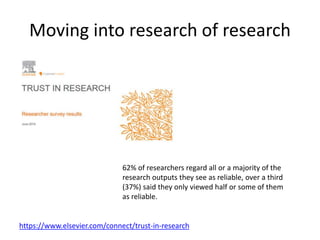 Moving into research of research
https://www.elsevier.com/connect/trust-in-research
62% of researchers regard all or a majority of the
research outputs they see as reliable, over a third
(37%) said they only viewed half or some of them
as reliable.
 