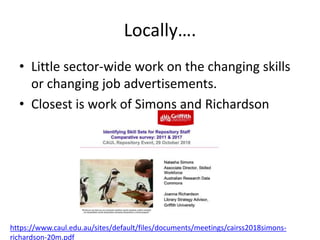 Locally….
• Little sector-wide work on the changing skills
or changing job advertisements.
• Closest is work of Simons and Richardson
https://www.caul.edu.au/sites/default/files/documents/meetings/cairss2018simons-
richardson-20m.pdf
 