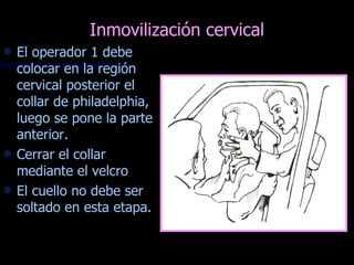 Inmovilización cervical
f   El operador 1 debe
    colocar en la región
    cervical posterior el
    collar de philadelphia,
    luego se pone la parte
    anterior.
f   Cerrar el collar
    mediante el velcro
f   El cuello no debe ser
    soltado en esta etapa.
 