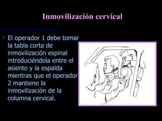 Inmovilización cervical

f   El operador 1 debe tomar
    la tabla corta de
    inmovilización espinal
    introduciéndola entre el
    asiento y la espalda
    mientras que el operador
    2 mantiene la
    inmovilización de la
    columna cervical.
 