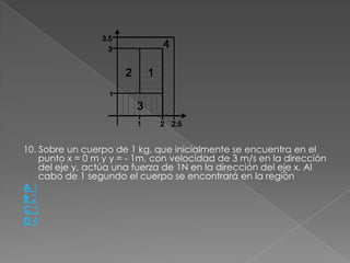 10. Sobre un cuerpo de 1 kg, que inicialmente se encuentra en el
    punto x = 0 m y y = - 1m, con velocidad de 3 m/s en la dirección
    del eje y, actúa una fuerza de 1N en la dirección del eje x. Al
    cabo de 1 segundo el cuerpo se encontrará en la región
A1
B2
C3
D4
 