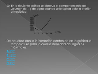 20. En la siguiente gráfica se observa el comportamiento del
   volumen de 1 g de agua cuando se le aplica calor a presión
   atmosférica.




De acuerdo con la información contenida en la gráfica la
   temperatura para la cual la densidad del agua es
   máxima es
A 8ºC
B 16ºC
C 0ºC
D 4ºC
 