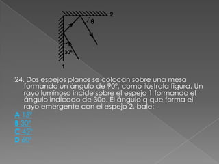 24. Dos espejos planos se colocan sobre una mesa
   formando un ángulo de 90º, como ilústrala figura. Un
   rayo luminoso incide sobre el espejo 1 formando el
   ángulo indicado de 30o. El ángulo q que forma el
   rayo emergente con el espejo 2, bale:
A 15º
B 30º
C 45º
D 60º
 